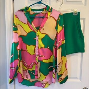 Zara Multicolor Floral Blouse and Green Shorts